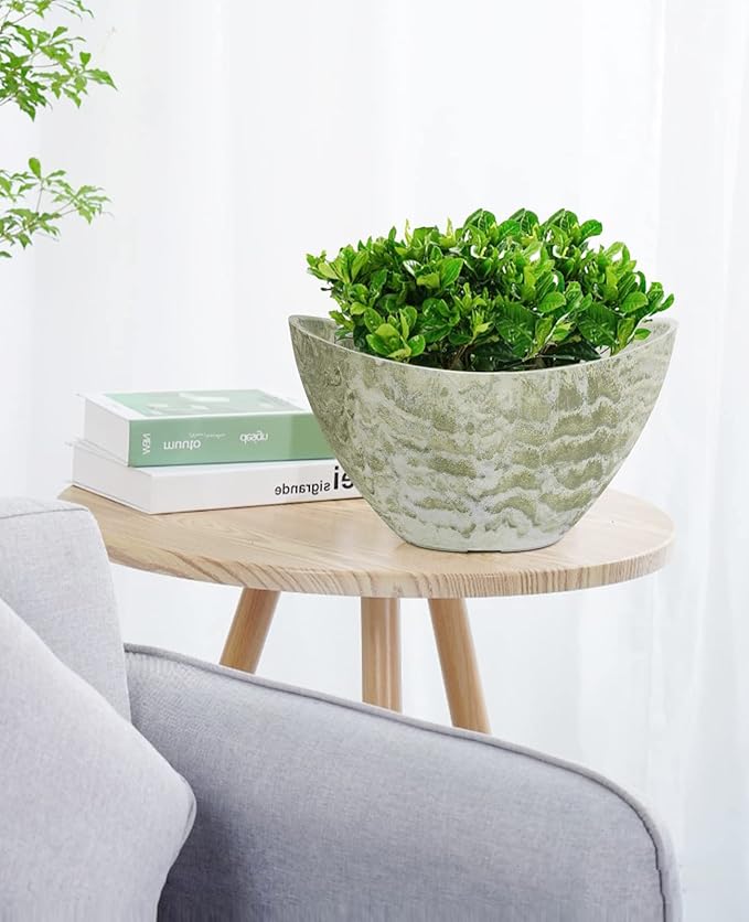 LaDoVita Plant Pots with Drainage Holes, 12 Inch Oval Planters for Indoor Plants, Plastic Flower Pots Outdoor, Set of 2 Pack, Green