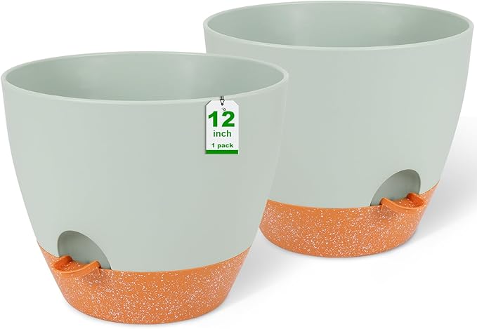 GARDIFE 12 inch planters, Plant Pots,Self Watering Pots, 2 Pack Large Plastic Flower pots with Deep Reservior and High Drainage Holes for Indoor Outdoor Plants and Flowers, Green