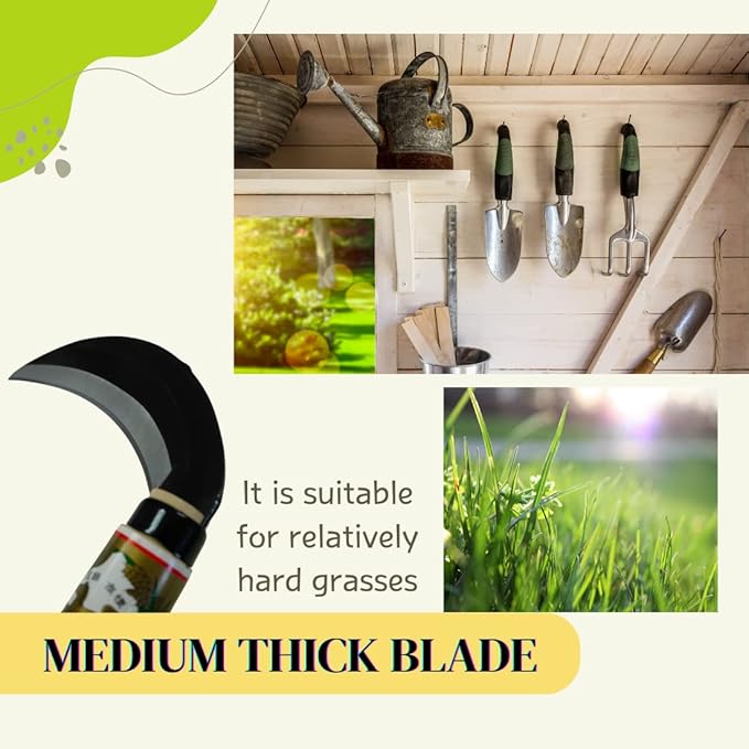 Japanese Weeding Sickle (Middle Thick Blade), High Grade Steel Blade (Blue Steel No.2) Hand Tool for Gardening, Weeding and Farming, Light Weight, Blade Length 7.09inch