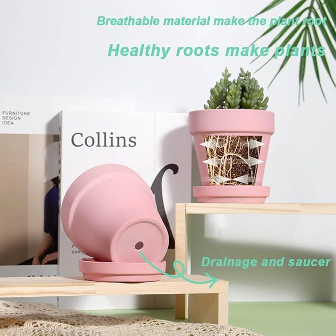 vensovo 4 Inch Small Peach Pink Terracotta Plant Pots with Saucer - 6 Pack Clay Flowerpots with Drainage, Great for Indoor Outdoor Plants, Crafts, Wedding Favor