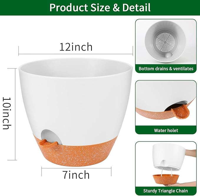 GARDIFE 12 inch planters, Plant Pots,Self Watering Pots, Large Plastic Flower pots with Deep Reservior and High Drainage Holes for Indoor Outdoor Plants and Flowers, White