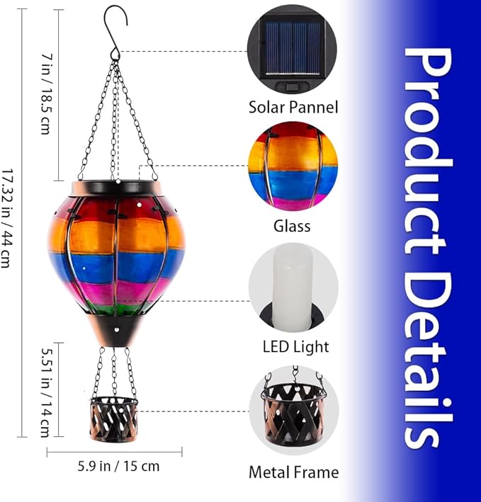 Unique Hot Air Balloon Solar Lantern with Flickering Flame, Handmade Glass Hanging Outdoor Lantern Waterproof Lantern Lamp for Patio, Garden, Porch