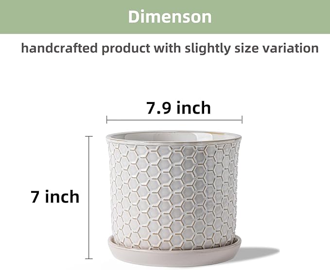 8 Inch Plant Pot: Ceramic Planter with Drainage Hole & Saucer - Flowerpot for Indoor & Outdoor Plants with Separate Tray for Home & Office - Honeycomb Design, Cream White