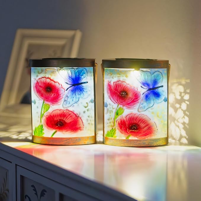 2 Pack Glass Butterfly Solar Lanterns Outdoor Waterproof, Hanging LED Solar Lantern for Tabletop Garden Yard Patio Decor