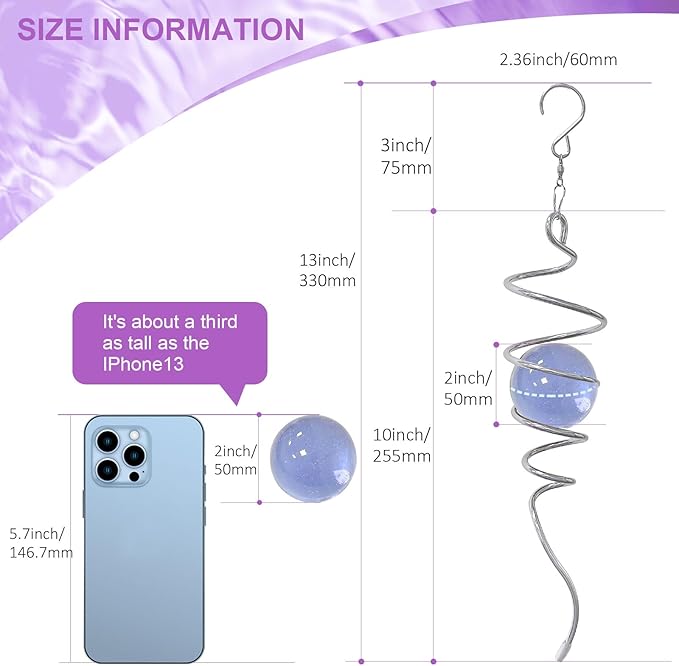 Gazing Ball Spiral Tail, Spiral Wind Spinners with Purple Glass Orb, Decorative Wind Spinner Stabilizer, Outdoor Décor Hanging Decor for Yard Garden Rotating Art Decoration Unique Gifts 13"