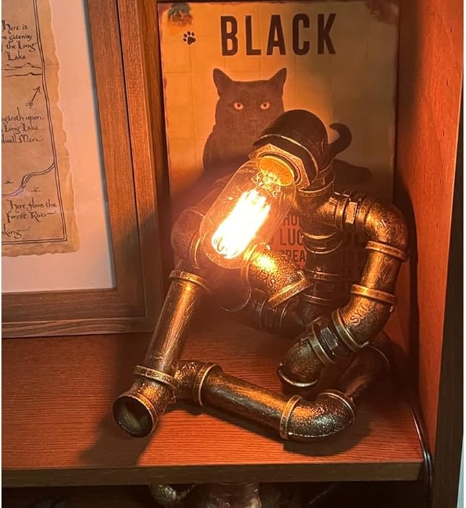 Steampunk Table Robot Lamps with 2 Bulbs,Retro Industrial Robot Desk Lamps Water Pipe Light for Office,Bedroom,Living Room in Bronze
