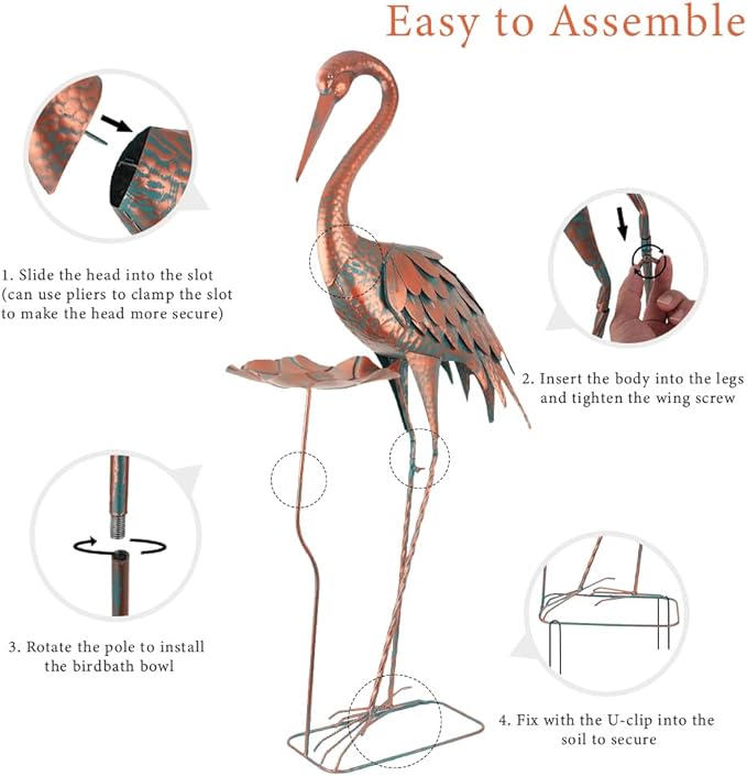 Crane Garden Statue, 42'' Heron Outdoor Statue with Birdbath, Large Crane Bird Metal Yard Art for Lawn Porch Backyard Patio Decor (Brown)