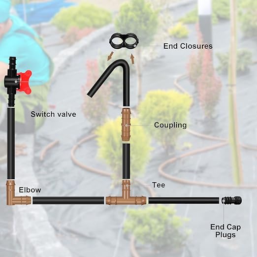 64 Pcs Drip Irrigation Fittings Kit 1/2 Inch Tubing Set Including 4 Switch Valve, 12 Elbows, 12 Couplings, 12 End Cap Plugs, 12 Tees and 12 End Closures Drip for Compatible Drip or Sprinkler Systems