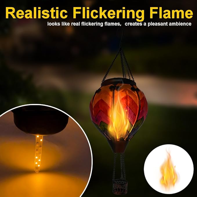 2PC Hot Air Balloon Solar Lantern, Wavy-Colorful Flickering Flame Hanging Solar Lanterns Outdoor Lights Waterproof Lanterns Decorative Garden Patio Yard Party Decor with 2PC Shepherd Hook