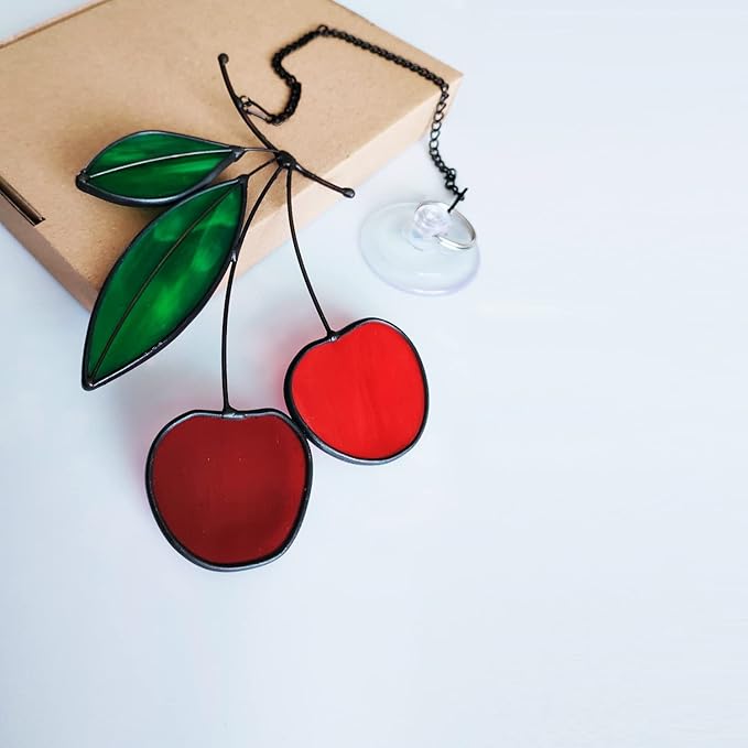 Stained Glass red Cherry Window Hanging Sun Catcher Christmas Thanksgiving Gifts Birthday Gifts for Lover and Friends