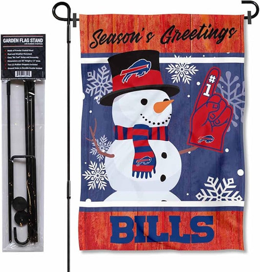 WinCraft Buffalo Bills Holiday Snowman Garden Flag and Flagpole Mount