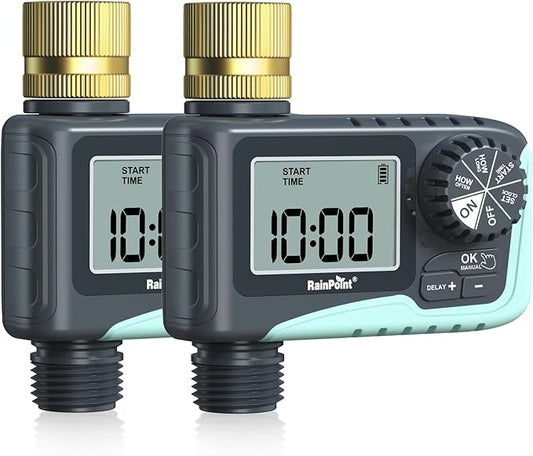 RAINPOINT 2-Pack Sprinkler Timer with Brass Swivel, Water Timer for Garden Hose, Programmable Hose Timer with Rain Delay/Manual Watering, Digital Irrigation Timer System for Lawns, 1 Outlet