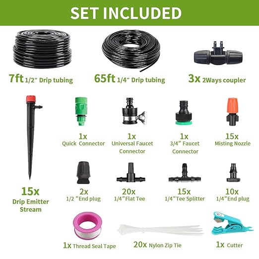 72FT Drip Irrigation Kit, Automatic Garden System with 1/4 inch 1/2 inch Black Tubing Hose, Watering Drip System, DIY Micro Drip Irrigation Set for Greenhouse, Raised Bed, Lawn, Outdoor