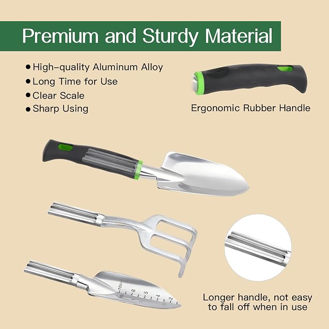 Gardening Tools Set, 8PCS Heavy Duty Garden Tools with Non-Slip Rubber Grip with Large Garden Bag for Tools Aluminum Alloy Hand Tools for Gardening,Gardening Gifts for Women and Men, Green