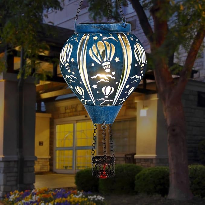 Hot Air Balloon Solar Lantern, Hollow Out Solar Powered Hot Air Balloon Lantern Outdoor Waterproof, Blue Metal Hanging Hots Airs Balloons Solars Light for Outdoor Patio Garden Decor