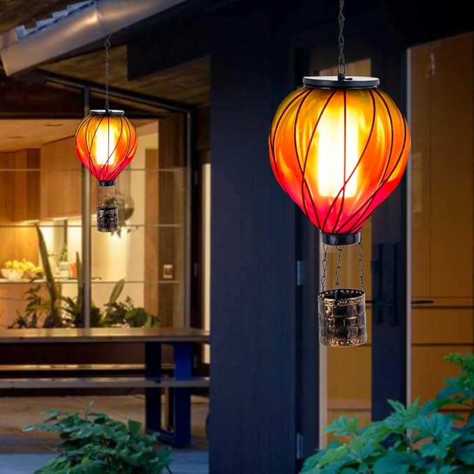 Colorful Solar Hot Air Balloon Lantern with Flame Flickering,Garden Decor Glass Hot Air Balloon Solar Lantern Outdoor Waterproof Hanging Light for Patio,Porch,Yard Mother Day Gifts for Women