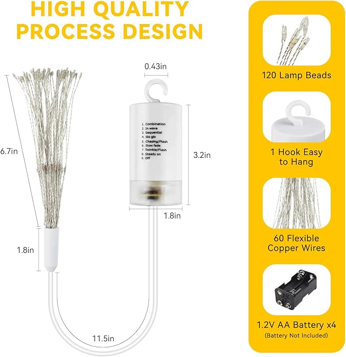 4 Pack Firework Lights - 120 LED Copper Wire String Lights with 8 Modes, Dimmable, Remote Controlled, Waterproof for Party, Home, Christmas, Garden, Outdoor Decoration