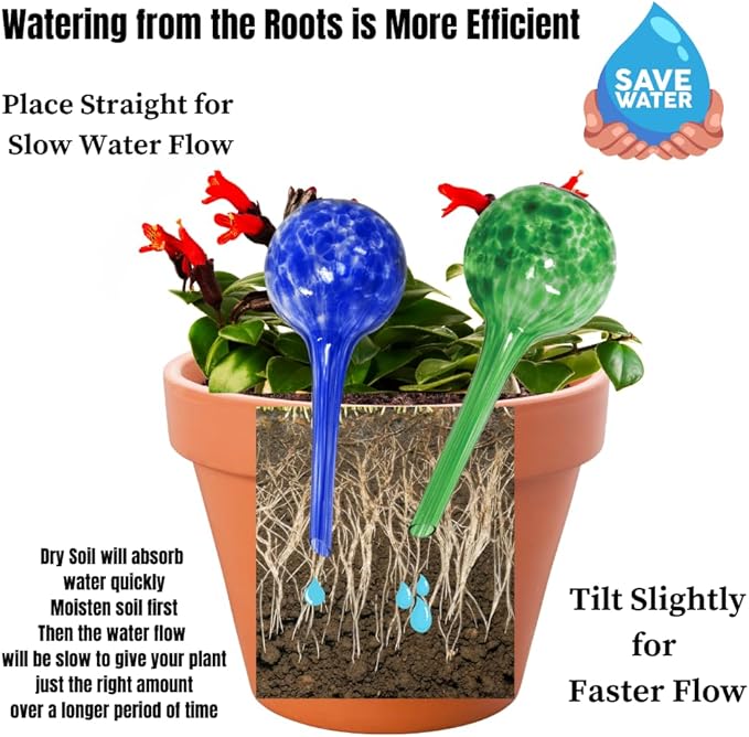 Evelots Plant Watering Globes (3 Pack) - Hand Blown Glass - Automatic Water Irrigation System - Indoor/Outdoor - Leave Your Home Worry Free