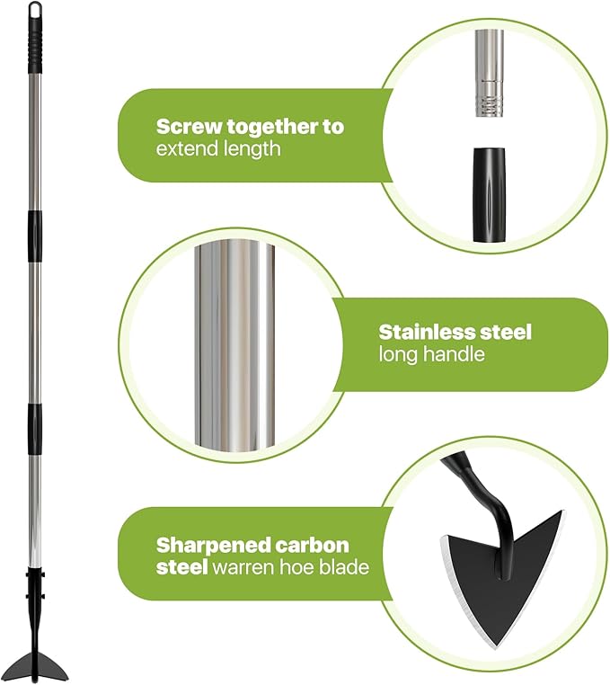 Warren Hoe Garden Tool, Heavy Duty Garden Hoes for Weeding Long Handle, Easy Stand Up Triangle Weeder Tool for Garden, 35-66 inch Adjustable Gardening Hoe for Weed, Trench, Loosen Soil, Landscape