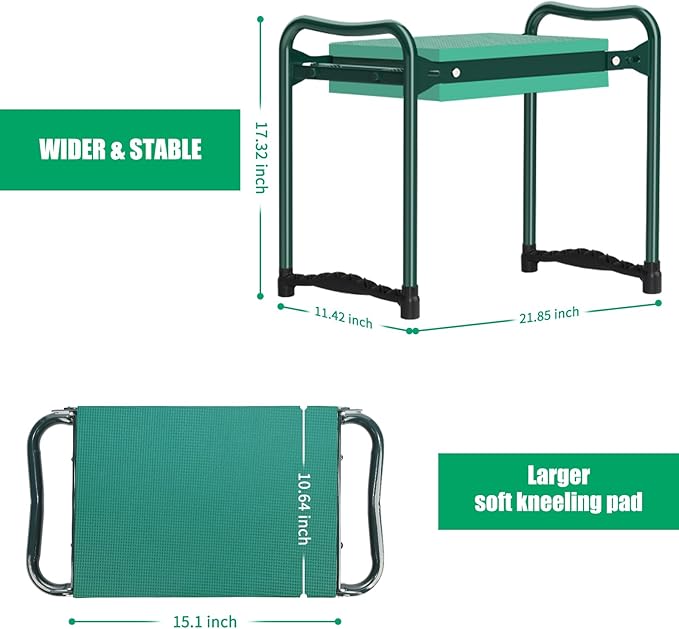 TomCare Garden Kneeler and Seat 10.64” Wider Larger Soft Kneeling Pad Garden Bench with 2 Large Tool Pouches Heavy Duty Garden Stool Foldable Garden Tools Gardening Gifts for Women Men Gardeners