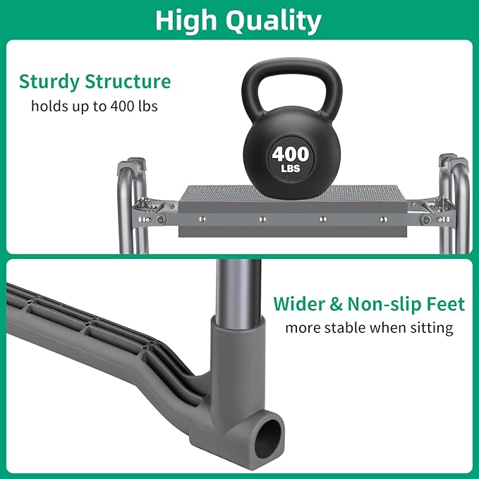 TomCare Garden Kneeler and Seat 10.24” Wide Kneeling Pad Garden Bench with 2 Tool Pouches Heavy Duty Stable Garden Stool Foldable Garden Tools Gardening Gifts for Women Men Seniors Gardeners Grey