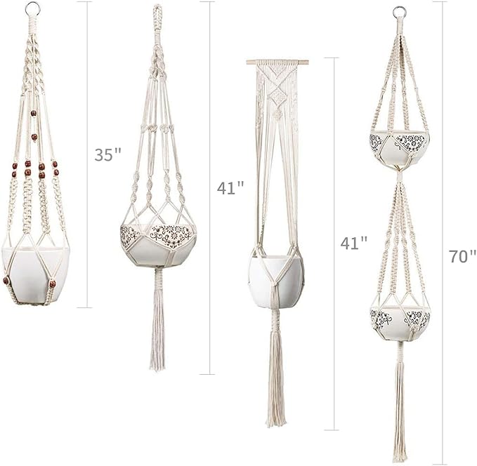 Mkono Macrame Plant Hangers Set of 4 Indoor Hanging Planter Basket Wall Decorative Flower Pot Holder with 4 Hooks for Indoor Outdoor Home Decor Gift Box, Ivory