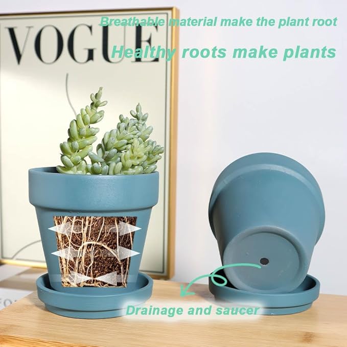 vensovo 6 Inch Steel Blue Terracotta & Clay Pots for Plant with Saucer - 4 Pack Medium Terra Cotta Planter with Drainage Hole, Flowerpot for Indoor Outdoor Plants, Crafts, Wedding Favor