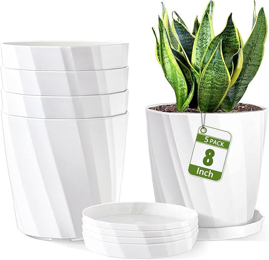8 Inch Plant Pots with Drainage Holes and Saucers - Flower Pots for Indoor Plants - White Plastic Planters for Outdoor Plants - House Planting Pots Set