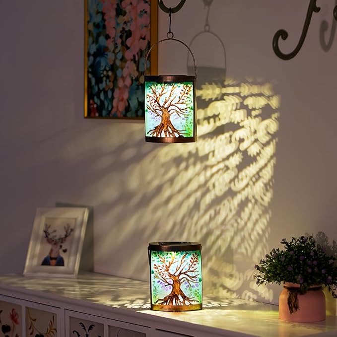 2 Pack Tree of Life Solar Lanterns Outdoor Waterproof, Hanging LED Solar Lantern for Tabletop Garden Yard Patio Decoration