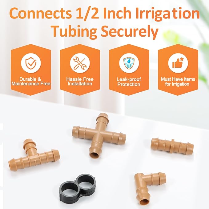 1/2 Inch Drip Irrigation Fittings, 34 Pieces Kit 1/2 Inch Tubing Connectors Includes Couplings Tees Elbows Crosses Plugs Drip Line Quick Connect Barbed Connectors for Drip Systems