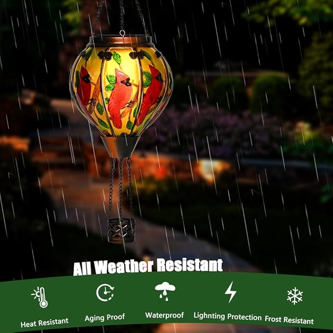 Hot Air Balloon Solar Lantern - Cardinal Bird Glass Lantern with Simulated Flickering Flame, Outdoor Hanging Yard Light Waterproof IP65 & Weather Resistant for Garden Patio Lawn Porch Decor Gfit
