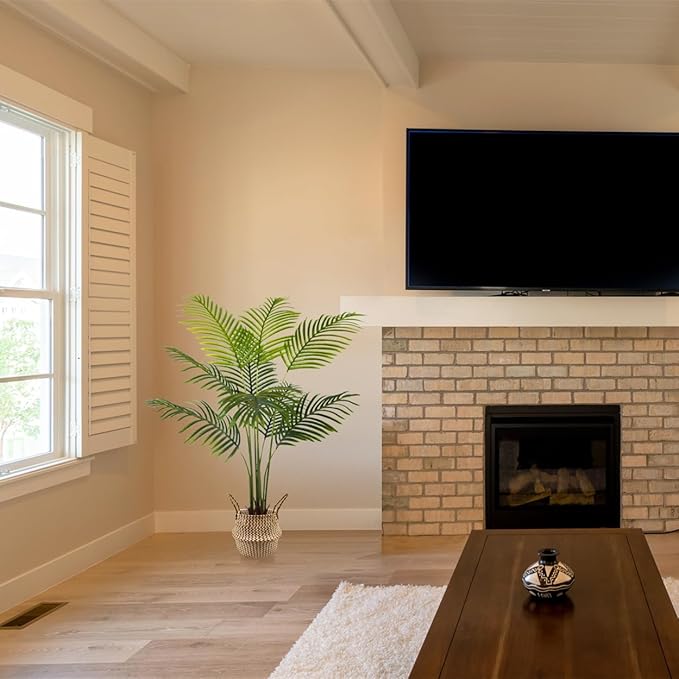 Artificial Palm Tree, 4ft Fake Areca Palm Plant with Basket, Tropical Faux Dypsis Lutescens Plants for Indoor Outdoor Home Office Shop Garden Décor