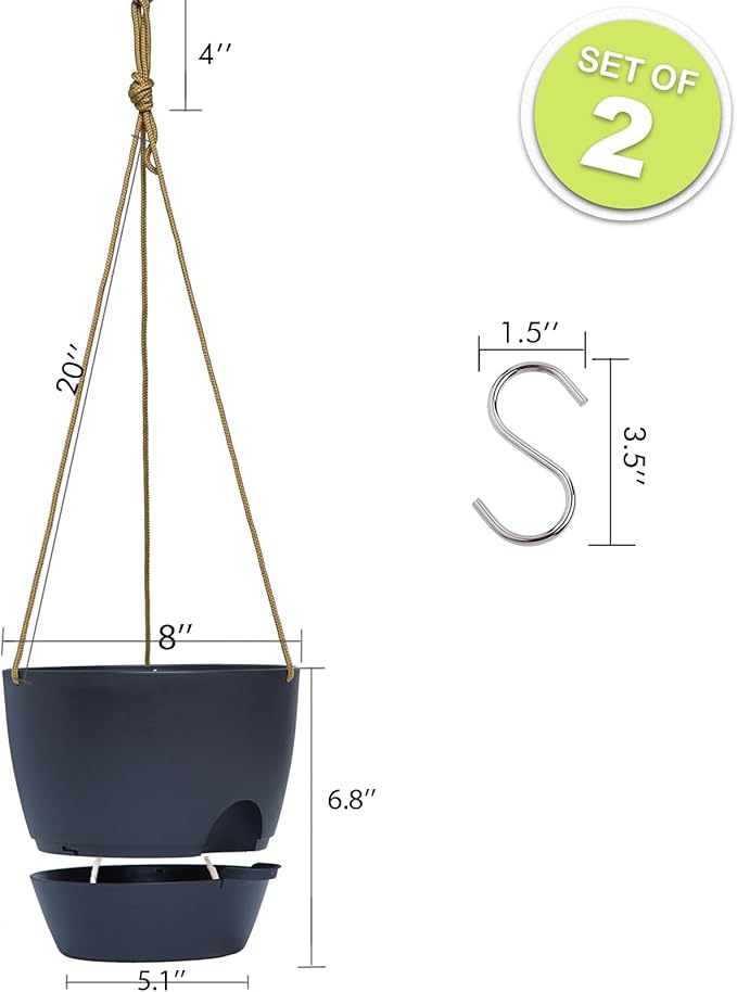 8 inch Hanging Planters, 2 Pack Self Watering Hanging Pots with 20oZ Deep Reservoir for Indoor Outdoor Plants Flowers, Black