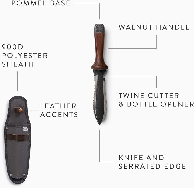 Barebones Hori Hori Ultimate - Garden Knife with Double-Edged Tempered Steel Blade, Walnut Handle, Ambidextrous Use, Japanese Knife Garden Tool for Weeding and Gardening (Tool & Sheath)