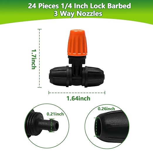 24 Pcs Upgraded Micro Spray Irrigation Drippers for 1/4" Drip Tubing, Adjustable Three-Way Atomizing Nozzle Irrigation Emitters Tee Misting Drippers for Drip Sprinkler Systems