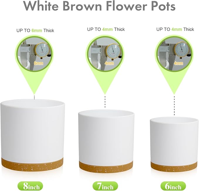 8/7/6 inch Plant Pots, 3 Pack Cylinder Flower Pots for Outdoor Indoor Plants, Decorative Plastic Planters with Drainage Holes and Saucers for Garden House Plants, White with Brown