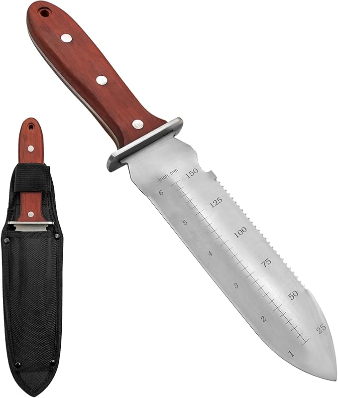 Professional Hori Hori Garden Knife, 7" Stainless Steel Blade with Protective Coating Full-Tang Wood Handle with Oxford Sheath for Weeding, Digging, Cutting and Planting