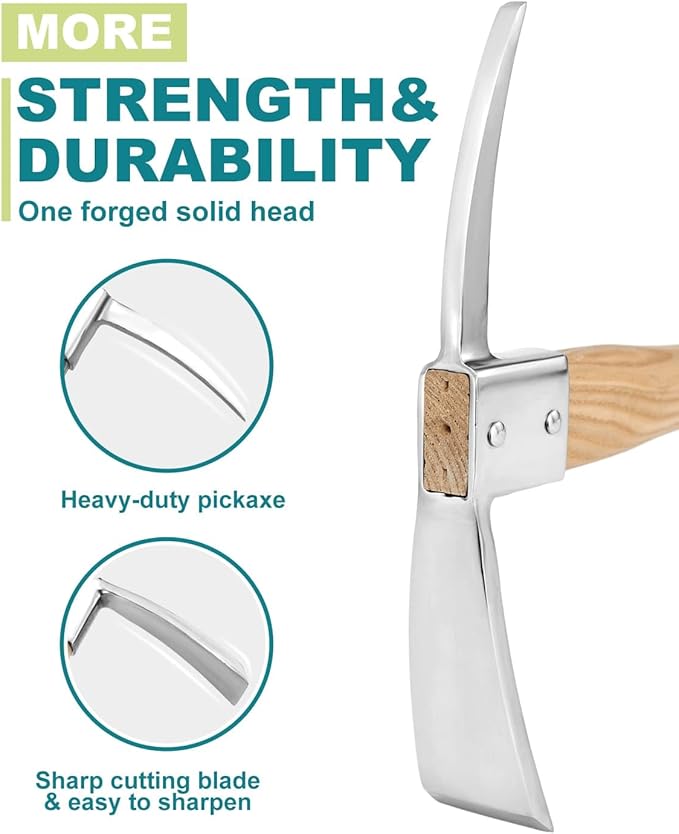 Pick Mattock Hoe Garden Pick Axe Planting Hoe Tool 15inch with Hardwood Handle for Digging Loosening Trenching Tilling Leveling Cutting Gardening Landscaping Farming Camping Outdoor Hand Cultivator