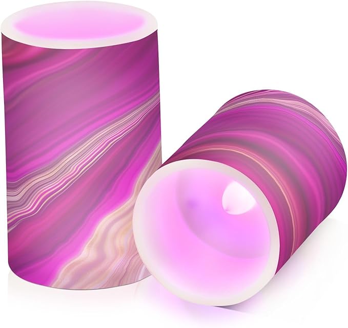 Flickering Flameless Candles, Fuchsia Gold Fluid Marble LED Candles with Remote Timer, Set of 2 Battery Operated Candle for Valentine Wedding Birthday