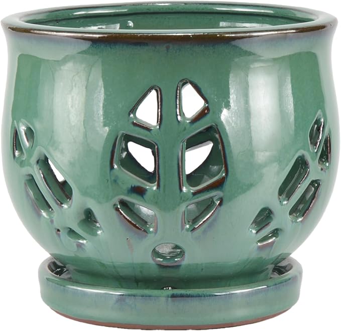 W&W Orchid Pot with Holes and Saucer for Repotting, Green, 6.5 Inches