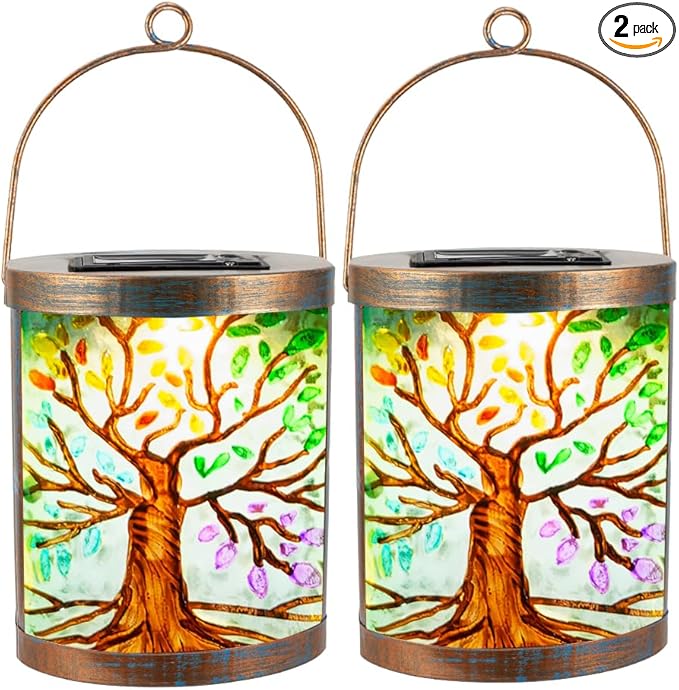 Starsoul 2 Pack Hanging Solar Lantern Outdoor Waterproof Glass Tree of Life Decorative Solar Lights for Outside Garden Yard Table Patio Decor