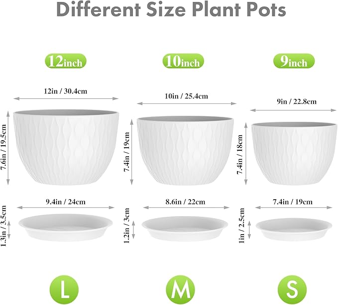 12/10/9 inch Large Flower Pots, 3 Set Big Plant Pots for Outdoor Indoor Plants with Water Ripples, Wide Plastic Planters with Drainage Holes and Saucers for Garden House Plants, Speckled White