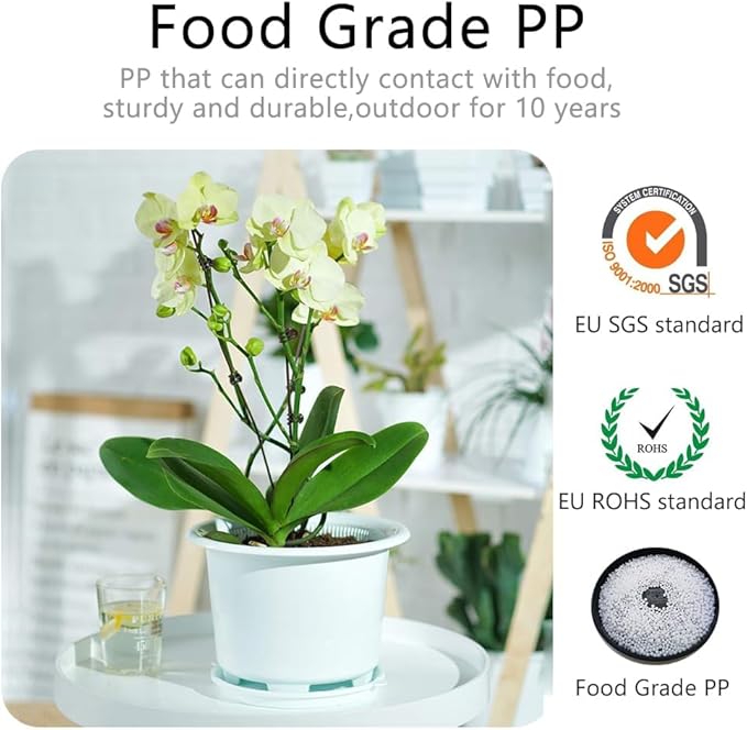 8 Inch Orchid Pots with Holes and Saucers,Double Layer Plastic Large Orchid Planter Pot,Flower Pots for Indoor Outdoor Flower Plants,Orchids,Herbs,Snake Plants and Succulents