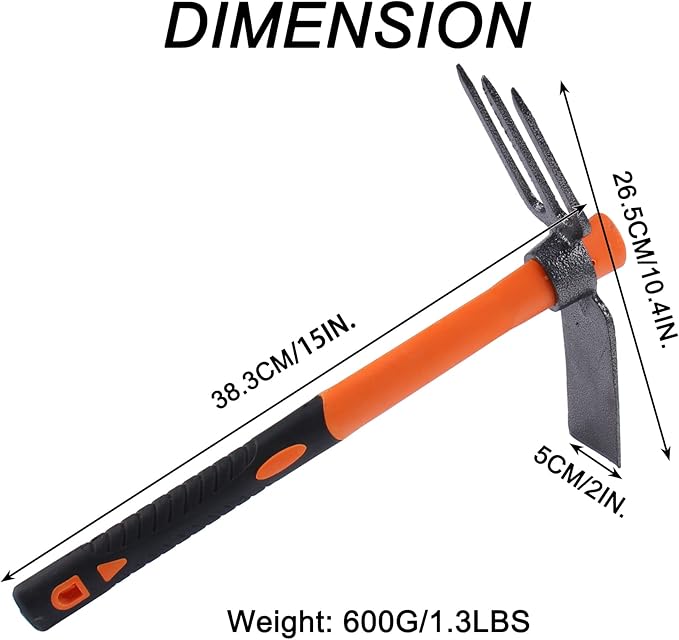 LUBAN 3 Sprongs Dual Head Rake Hoe with Heavy Duty Forged Adze and Ergonomic Non-Slip Handle for Loosening Soil, Gardening, Camping Outdoor 39mm/15-Inch