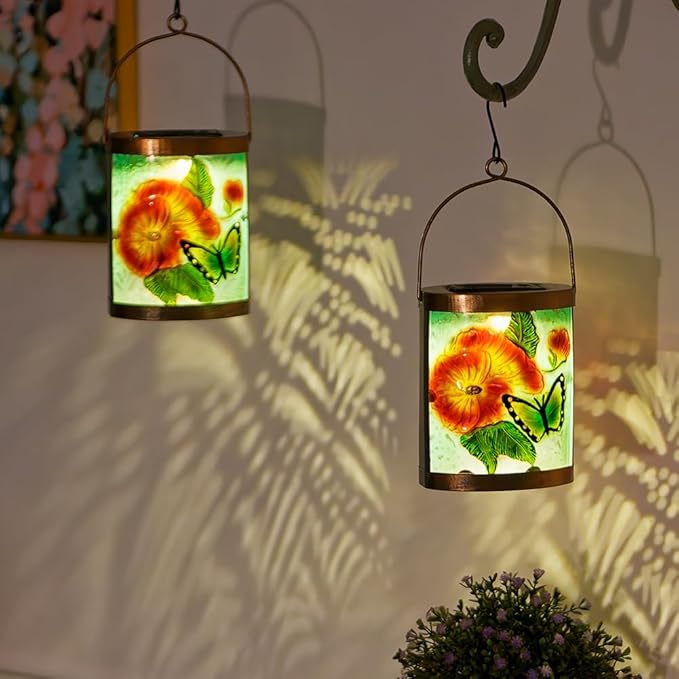 Starsoul 2 Pack Hanging Solar Lantern Outdoor Waterproof Glass Butterfly and Flowers Decorative Solar Lights for Outside Garden Yard Table Patio Decor
