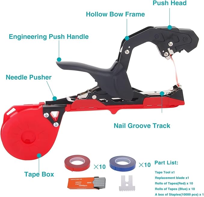 Plant Tying Machine, Lightweight Plant Vine Tying Tape Machine Tool, Plant Tape Gun for Tomatoes, Grapes and Vegetable Garden,Including Spare SK5 Blade, Garden Tapes and Staples(Red)