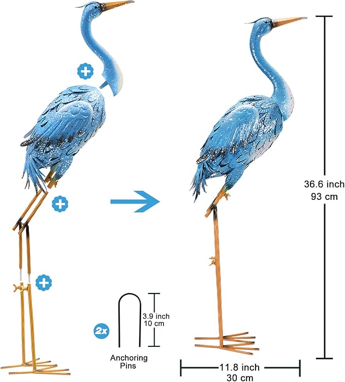 Nacome Large Standing Blue Metal Crane Garden Statue: Indoor Outdoor Heron Animal Sculpture for Patio Backyard Porch Yard Bird Art Lawn Decor - 36.6inch Gifts for Grandma Mom