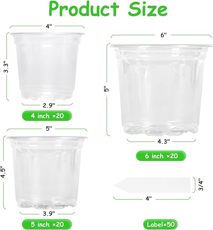 60 Pack 4/5/6 Inch Clear Nursery Pots with Drainage Holes, Transparent Plastic Pots for Plants, Reinforced Seed Starter Pots Flower Pots Come with 50pcs Plant Labels