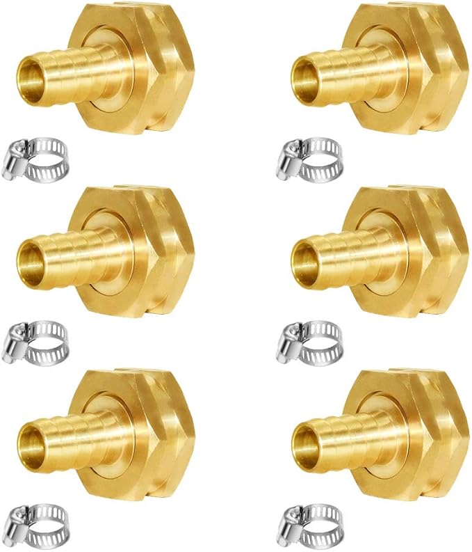 Joywayus 6pcs 1/2" Barb x 3/4" Female GHT Thread Swivel Hex Brass Garden Water Hose Pipe Connector Copper Fitting with Stainless Clamp House/Boat/Lawn/Power Wash/Irrigation