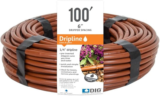 DIG ¼” 100’ MICROLINE™ Dripline - Enhanced 6” Emitter Spacing, UV-Resistant, Perfect for Diverse Garden Layouts (Brown) SHB106